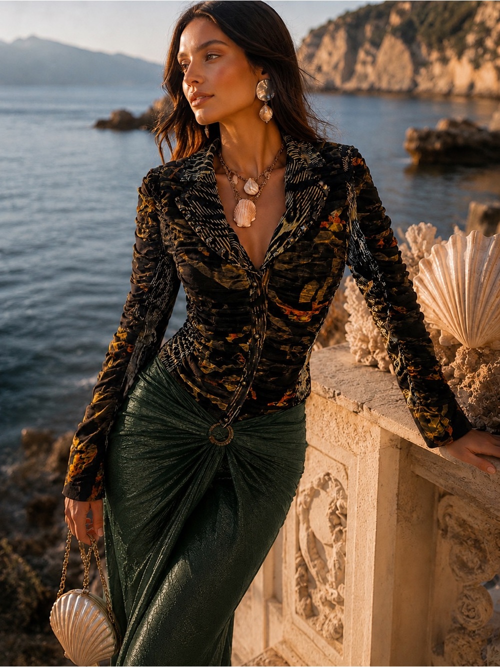Alberto Makali Black and Yellow Patterned Evening Top crinkle top